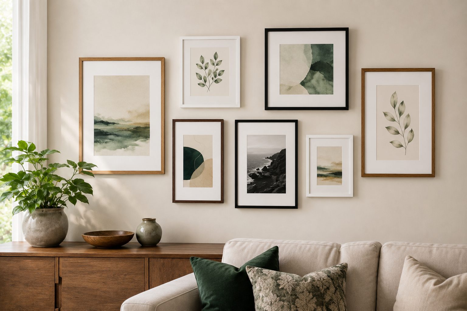 A salon-style gallery wall of framed prints above a sofa in a modern living room