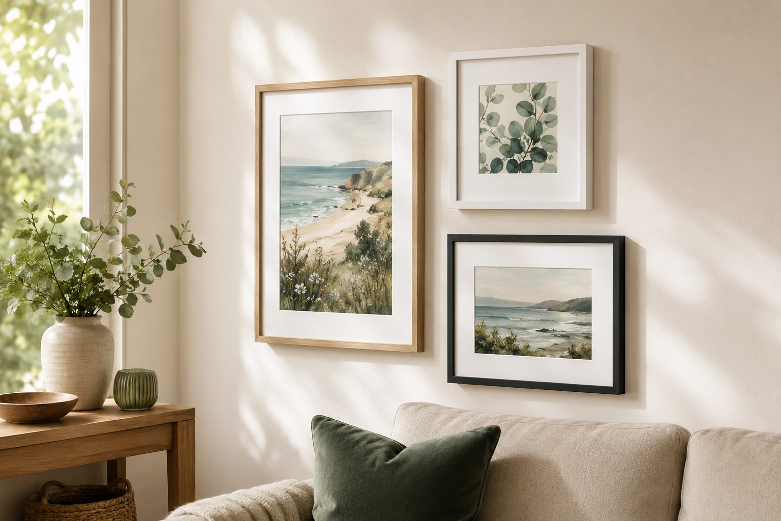 A cluster of framed coastal and botanical prints on a wall above a console and sofa in a bright living room