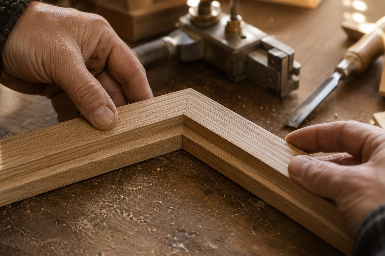 A craftsman joining the mitred corner of an oak picture frame moulding